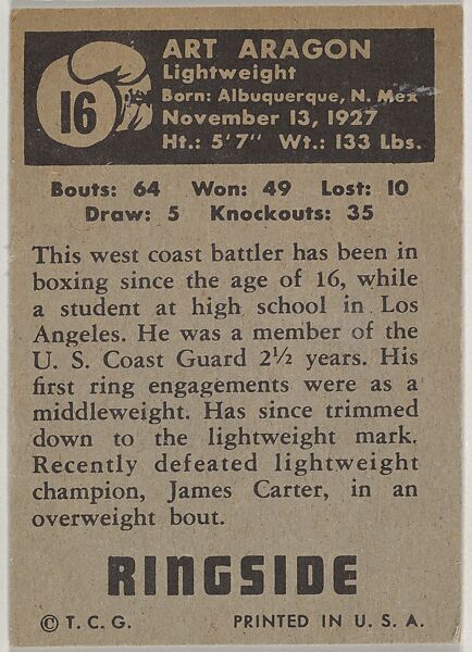 Art Aragon, Lightweight, from the Topps Ringside series (R411) issued by Topps Chewing Gum Company, Issued by Topps Chewing Gum Company (American, Brooklyn), Commercial color lithograph