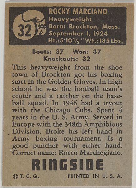 Rocky Marciano, Heavyweight, from the Topps Ringside series (R411) issued by Topps Chewing Gum Company, Issued by Topps Chewing Gum Company (American, Brooklyn), Commercial color lithograph