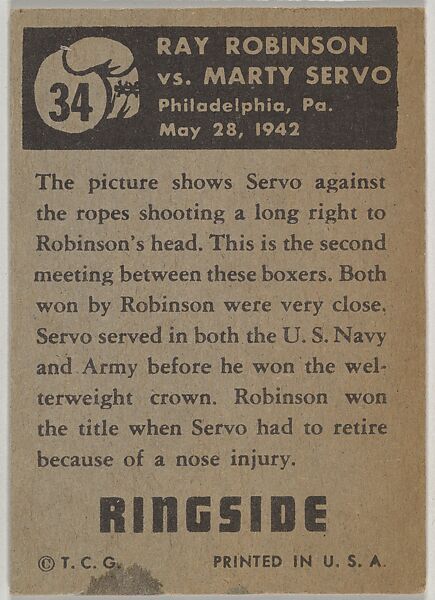 Ray Robinson vs. Marty Servo, from the Topps Ringside series (R411) issued by Topps Chewing Gum Company, Issued by Topps Chewing Gum Company (American, Brooklyn), Commercial color lithograph
