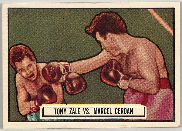 Tony Zale vs. Marcel Cerdan, from the Topps Ringside series (R411) issued by Topps Chewing Gum Company, Issued by Topps Chewing Gum Company (American, Brooklyn), Commercial color lithograph 
