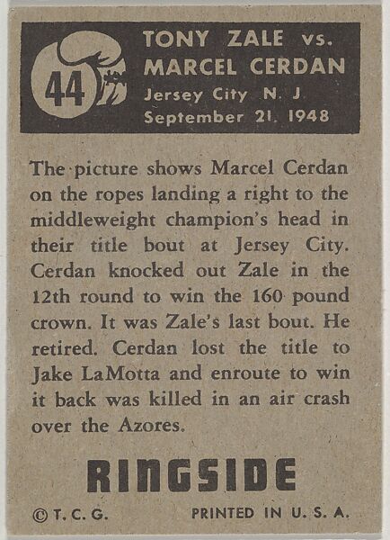 Tony Zale vs. Marcel Cerdan, from the Topps Ringside series (R411) issued by Topps Chewing Gum Company, Issued by Topps Chewing Gum Company (American, Brooklyn), Commercial color lithograph