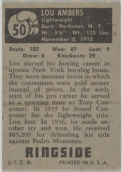 Lou Ambers, Lightweight Champion, 1939, from the Topps Ringside series (R411) issued by Topps Chewing Gum Company, Issued by Topps Chewing Gum Company (American, Brooklyn), Commercial color lithograph