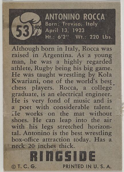 Antonino Rocca, from the Topps Ringside series (R411) issued by Topps Chewing Gum Company, Issued by Topps Chewing Gum Company (American, Brooklyn), Commercial color lithograph