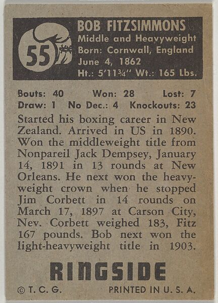 Bob Fitzsimmons, Heavyweight Champion, 1897-1899, from the Topps Ringside series (R411) issued by Topps Chewing Gum Company, Issued by Topps Chewing Gum Company (American, Brooklyn), Commercial color lithograph