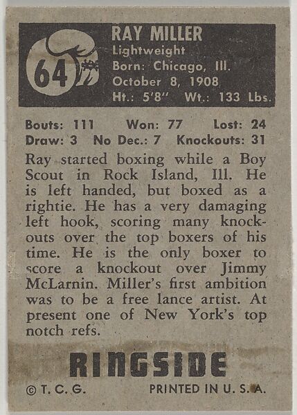 Ray Miller, Referee, from the Topps Ringside series (R411) issued by Topps Chewing Gum Company, Issued by Topps Chewing Gum Company (American, Brooklyn), Commercial color lithograph