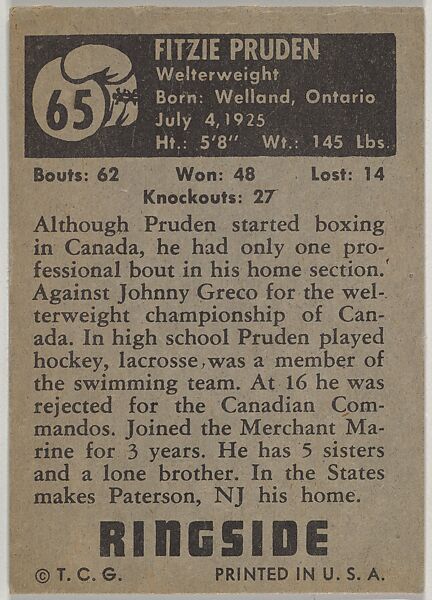 Fitzie Pruden, Welterweight, from the Topps Ringside series (R411) issued by Topps Chewing Gum Company, Issued by Topps Chewing Gum Company (American, Brooklyn), Commercial color lithograph