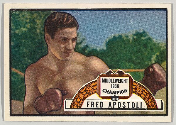 Fred Apostoli, Middleweight Champion, 1938, from the Topps Ringside series (R411) issued by Topps Chewing Gum Company, Issued by Topps Chewing Gum Company (American, Brooklyn), Commercial color lithograph 