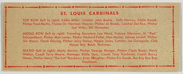 Team portrait of 1950 St. Louis Cardinals, from the Topps Team Pictures series (R414-4) issued by Topps Chewing Gum Company, Issued by Topps Chewing Gum Company (American, Brooklyn), Photolithograph