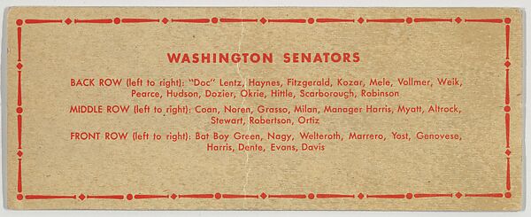Team portrait of 1950 Washington Senators, from the Topps Team Pictures series (R414-4) issued by Topps Chewing Gum Company, Issued by Topps Chewing Gum Company (American, Brooklyn), Photolithograph