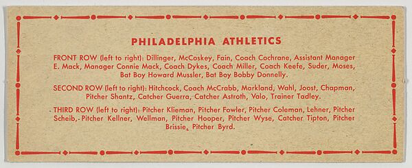 Team portrait of 1950 Philadelphia Athletics, from the Topps Team Pictures series (R414-4) issued by Topps Chewing Gum Company, Issued by Topps Chewing Gum Company (American, Brooklyn), Photolithograph