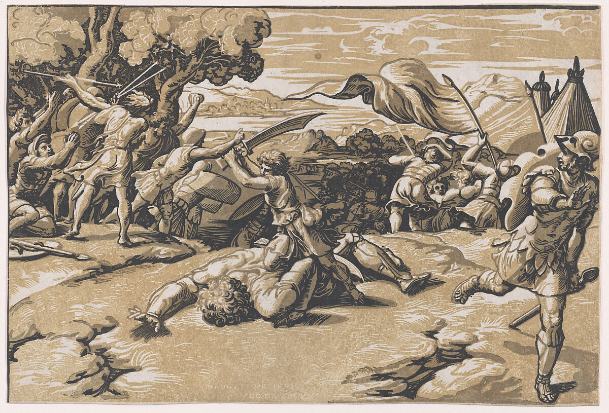 David and Goliath, Ugo da Carpi (Italian, Carpi ca. 1480–1532 Bologna), Chiaroscuro woodcut from three blocks in green 