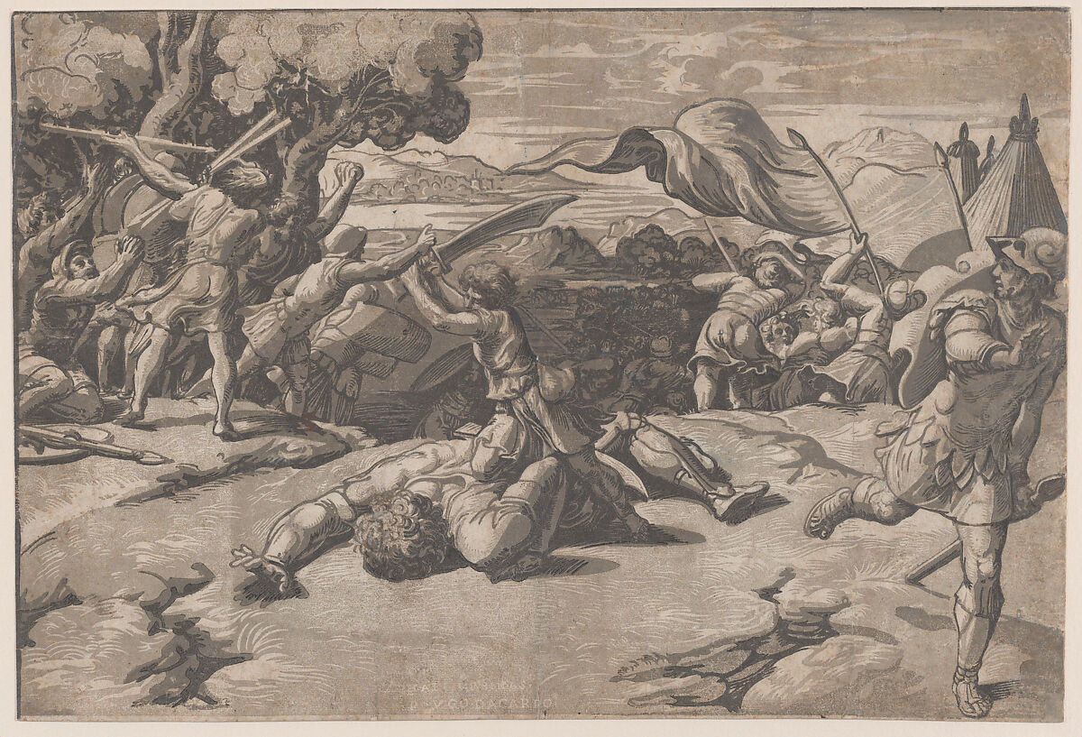 David and Goliath, Ugo da Carpi (Italian, Carpi ca. 1480–1532 Bologna), Chiaroscuro woodcut from three blocks in brown 