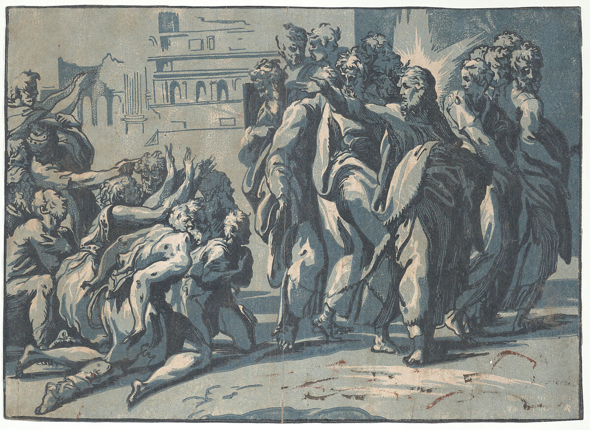 Christ healing the Lepers, Niccolò Vicentino (Italian, active ca. 1510–ca. 1550), Chiaroscuro woodcut from three blocks in blue; first state of two 