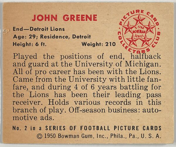 Card Number 2, John Green, End, Detroit Lions, from the Bowman Football series (R407-2) issued by Bowman Gum, Issued by Bowman Gum Company, Commercial color lithograph