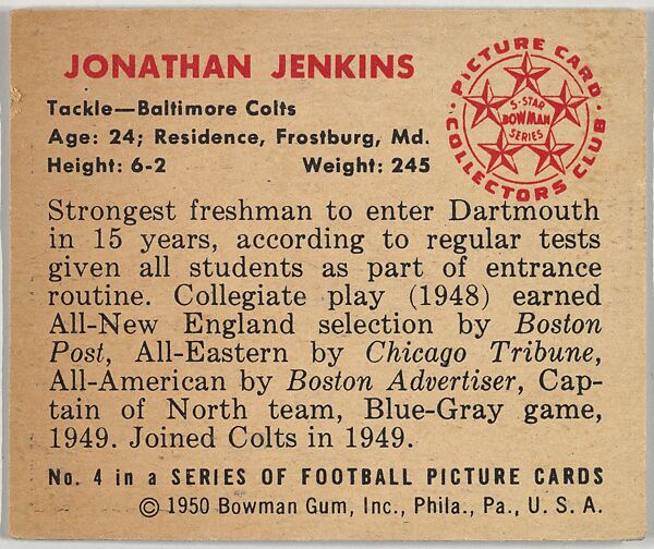 Card Number 4, Jonathan Jenkins, Tackle, Baltimore Colts, from the Bowman Football series (R407-2) issued by Bowman Gum, Issued by Bowman Gum Company, Commercial color lithograph
