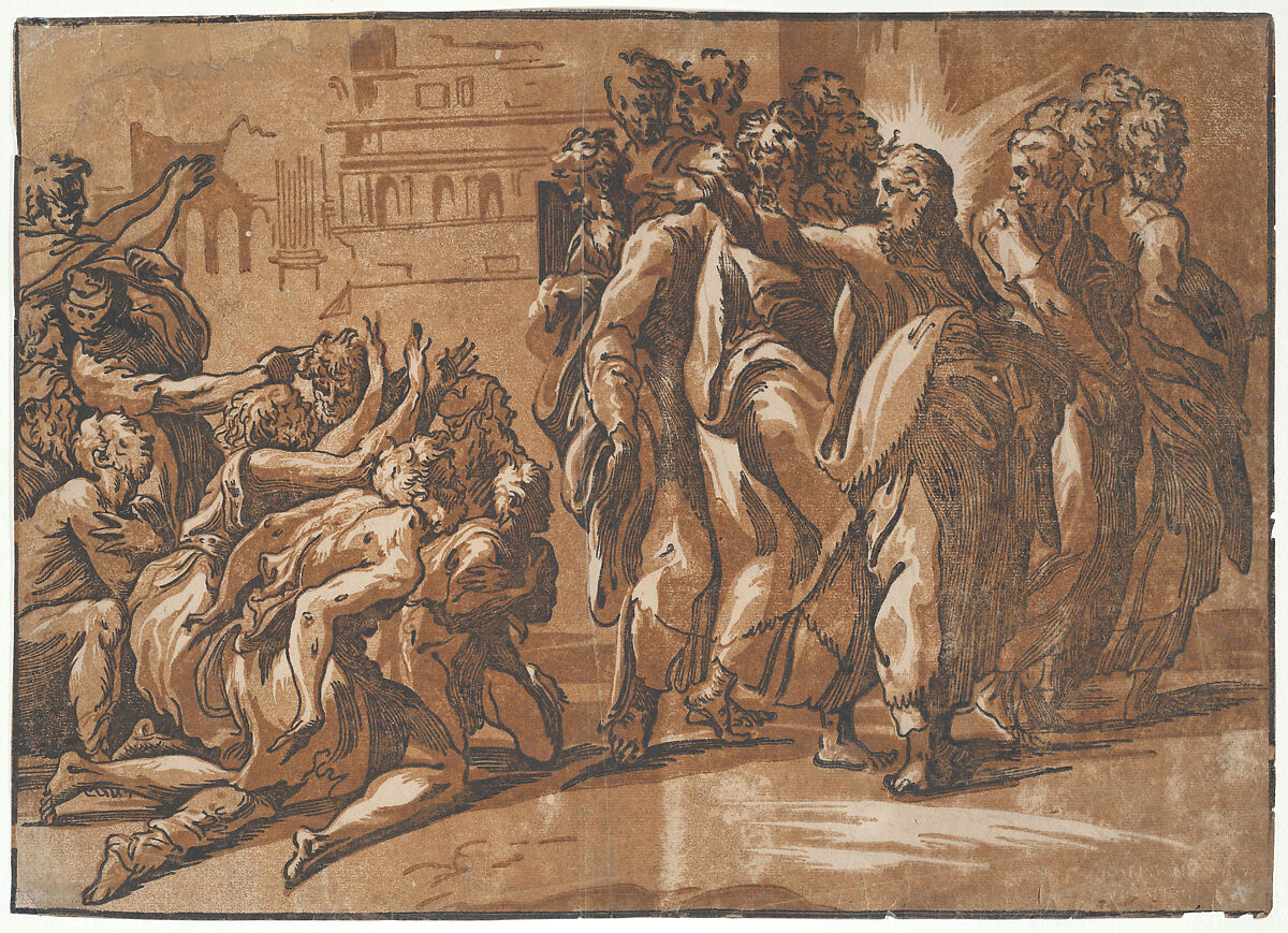 Christ healing the Lepers, Niccolò Vicentino (Italian, active ca. 1510–ca. 1550), Chiaroscuro woodcut from three blocks in brown (state i/ii) 