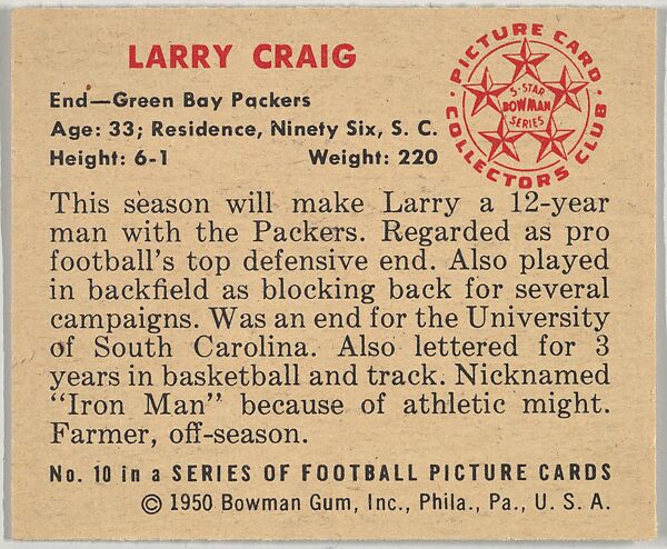 Card Number 10, Larry Craig, End, Green Bay Packers, from the Bowman Football series (R407-2) issued by Bowman Gum, Issued by Bowman Gum Company, Commercial color lithograph