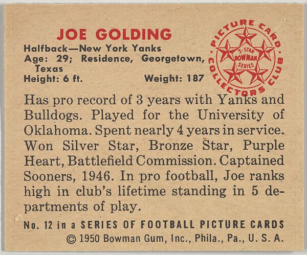 Card Number 12, Joe Golding, Halfback, New York Yanks, from the Bowman Football series (R407-2) issued by Bowman Gum, Issued by Bowman Gum Company, Commercial color lithograph