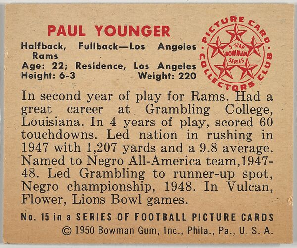 Card Number 15, Paul Younger, Halfback, Fullback, Los Angeles Rams, from the Bowman Football series (R407-2) issued by Bowman Gum, Issued by Bowman Gum Company, Commercial color lithograph
