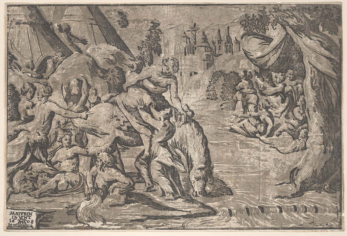 The Escape of Cloelia, Niccolò Vicentino (Italian, active ca. 1510–ca. 1550), Chiaroscuro woodcut from three blocks in green; second state of two 