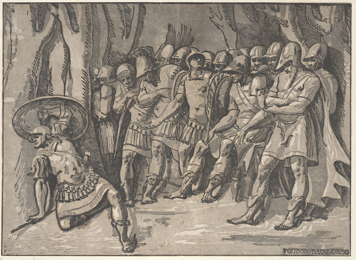Ajax lower left holding a shield aloft, at the right stands Agamemnon surrounded by his soldiers, Niccolò Vicentino (Italian, active ca. 1510–ca. 1550), Chiaroscuro woodcut from three blocks in gray 