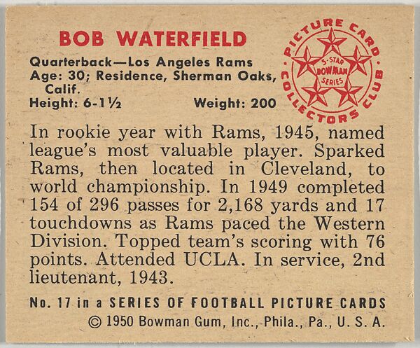 Card Number 17, Bob Waterfield, Quarterback, Los Angeles Rams, from the Bowman Football series (R407-2) issued by Bowman Gum, Issued by Bowman Gum Company, Commercial color lithograph