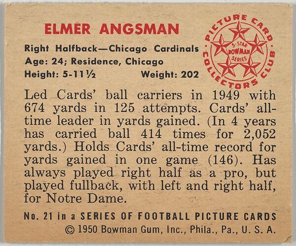Card Number 21, Elmer Angsman, Right Halfback, Chicago Cardinals, from the Bowman Football series (R407-2) issued by Bowman Gum, Issued by Bowman Gum Company, Commercial color lithograph