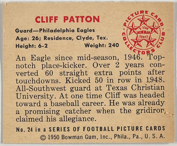 Card Number 24, Cliff Patton, Guard, Philadelphia Eagles, from the Bowman Football series (R407-2) issued by Bowman Gum, Issued by Bowman Gum Company, Commercial color lithograph