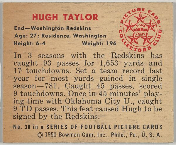 Card Number 30, Hugh Taylor, End, Washington Redskins, from the Bowman Football series (R407-2) issued by Bowman Gum, Issued by Bowman Gum Company, Commercial color lithograph