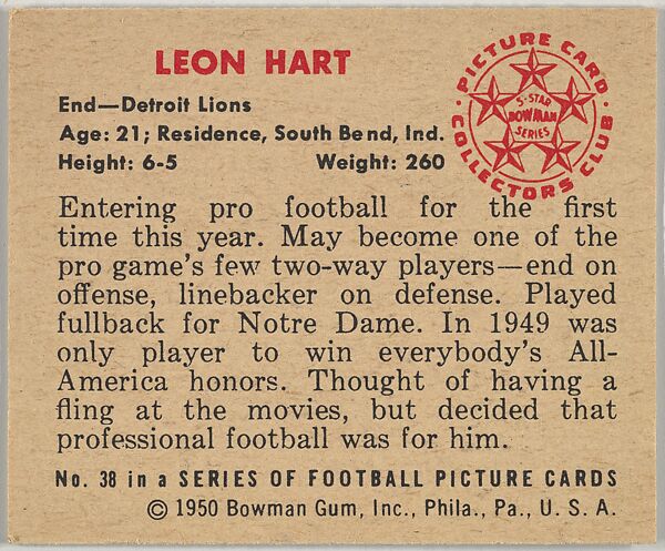 Card Number 38, Leon Hart, End, Detroit Lions, from the Bowman Football series (R407-2) issued by Bowman Gum, Issued by Bowman Gum Company, Commercial color lithograph