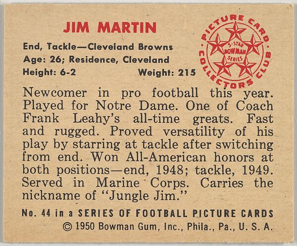 Card Number 44, Jim Martin, End, Tackle, Cleveland Browns, from the Bowman Football series (R407-2) issued by Bowman Gum, Issued by Bowman Gum Company, Commercial color lithograph