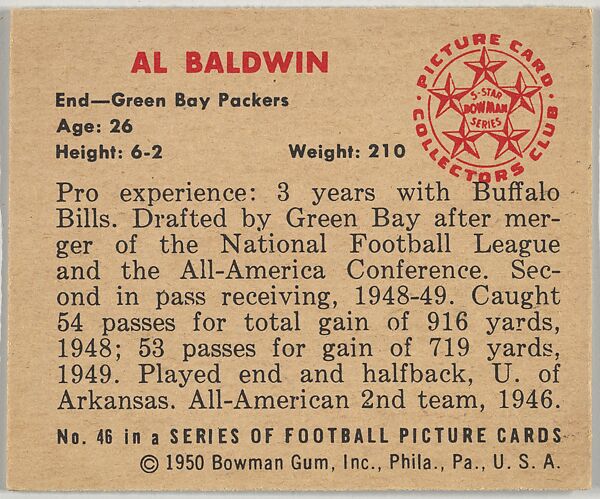 Card Number 46, Al Baldwin, End, Green Bay Packers, from the Bowman Football series (R407-2) issued by Bowman Gum, Issued by Bowman Gum Company, Commercial color lithograph