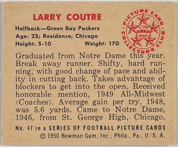 Card Number 47, Larry Coutre, Halfback, Green Bay Packers, from the Bowman Football series (R407-2) issued by Bowman Gum, Issued by Bowman Gum Company, Commercial color lithograph