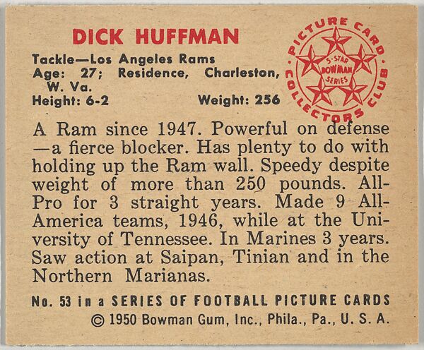 Card Number 53, Dick Huffman, Tackle, Los Angeles Rams, from the Bowman Football series (R407-2) issued by Bowman Gum, Issued by Bowman Gum Company, Commercial color lithograph