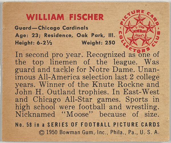 Card Number 58, William Fischer, Guard, Chicago Cardinals, from the Bowman Football series (R407-2) issued by Bowman Gum, Issued by Bowman Gum Company, Commercial color lithograph