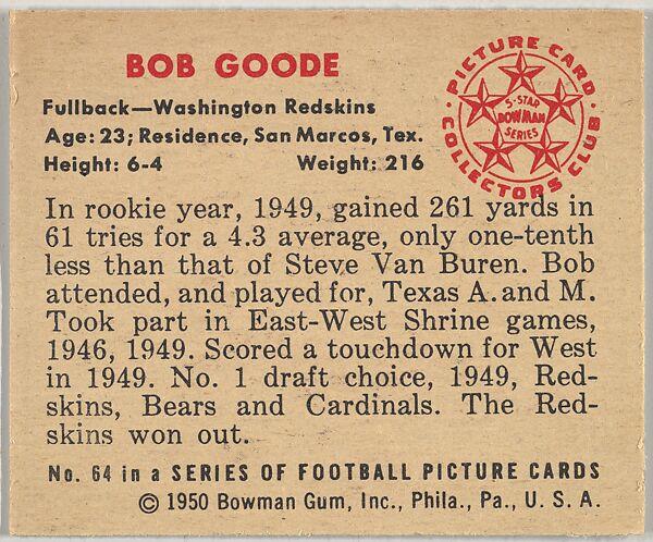 Card Number 64, Bob Goode, Fullback, Washington Redskins, from the Bowman Football series (R407-2) issued by Bowman Gum, Issued by Bowman Gum Company, Commercial color lithograph