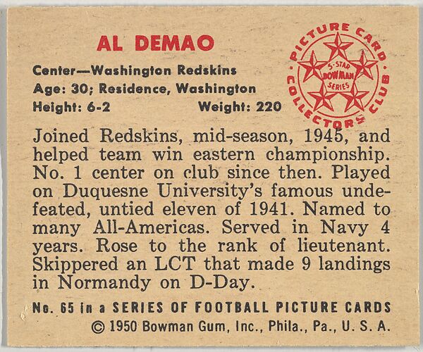 Card Number 65, Al Demao, Center, Washington Redskins, from the Bowman Football series (R407-2) issued by Bowman Gum, Issued by Bowman Gum Company, Commercial color lithograph