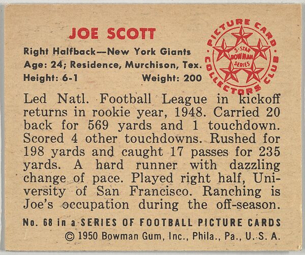 Card Number 68, Joe Scott, Right Halfback, New York Giants, from the Bowman Football series (R407-2) issued by Bowman Gum, Issued by Bowman Gum Company, Commercial color lithograph