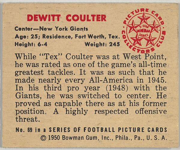 Card Number 69, Dewitt Coulter, Center, New York Giants, from the Bowman Football series (R407-2) issued by Bowman Gum, Issued by Bowman Gum Company, Commercial color lithograph