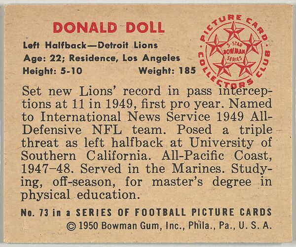 Card Number 73, Donald Doll, Left Halfback, Detroit Lions, from the Bowman Football series (R407-2) issued by Bowman Gum, Issued by Bowman Gum Company, Commercial color lithograph
