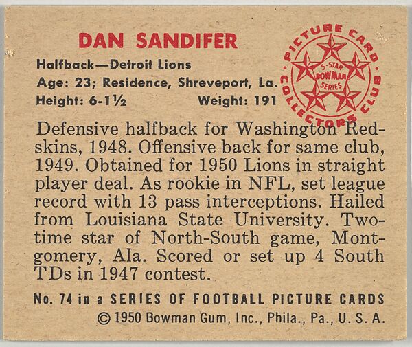 Card Number 74, Dan Sandifer, Halfback, Detroit Lions, from the Bowman Football series (R407-2) issued by Bowman Gum, Issued by Bowman Gum Company, Commercial color lithograph