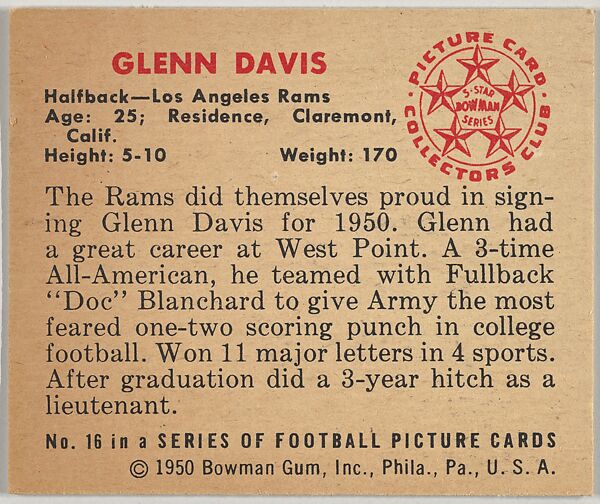 Card Number 16, Glenn Davis, Halfback, Los Angeles Rams, from the Bowman Football series (R407-2) issued by Bowman Gum, Issued by Bowman Gum Company, Commercial color lithograph