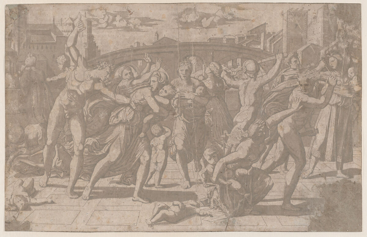 The Massacre of the Innocents, Ugo da Carpi (Italian, Carpi ca. 1480–1532 Bologna), Chiaroscuro woodcut from three blocks in brown 