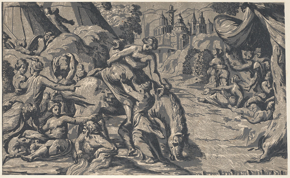 The escape of Cloelia, Niccolò Vicentino (Italian, active ca. 1510–ca. 1550), Chiaroscuro woodcut from three blocks in green ink (trimmed along bottom) 