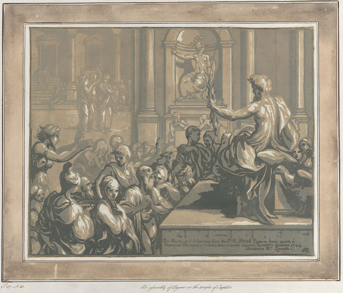 Saint John the Evangelist preaching in a temple, Anton Maria Zanetti the Elder (Italian, Venice 1680–1767 Venice), Chiaroscuro woodcut from three blocks in brown elaborately mounted 