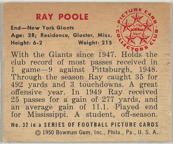 Card Number 32, Ray Poole, End, New York Giants, from the Bowman Football series (R407-2) issued by Bowman Gum, Issued by Bowman Gum Company, Commercial color lithograph
