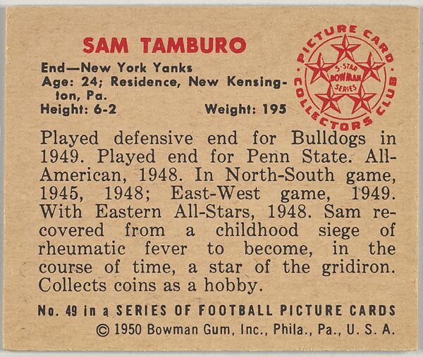 Card Number 49, Sam Tamburo, Ends, New York Yanks, from the Bowman Football series (R407-2) issued by Bowman Gum, Issued by Bowman Gum Company, Commercial color lithograph