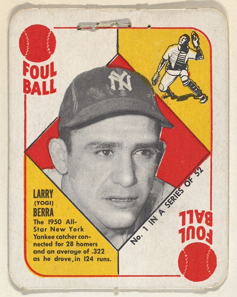 Issued by Topps Chewing Gum Company, Card Number 1, Larry (Yogi) Berra,  Catcher, New York Yankees, from the Topps Red/ Blue Backs series (R414-5)  issued by Topps Chewing Gum Company