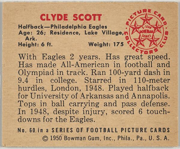 Card Number 60, Clyde Scott, Halfback, Philadephia Eagles, from the Bowman Football series (R407-2) issued by Bowman Gum, Issued by Bowman Gum Company, Commercial color lithograph