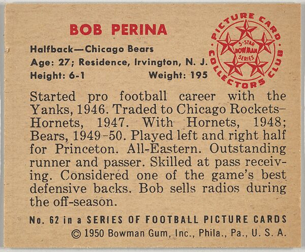 Card Number 62, Bob Perina, Halfback, Chicago Bears, from the Bowman Football series (R407-2) issued by Bowman Gum, Issued by Bowman Gum Company, Commercial color lithograph
